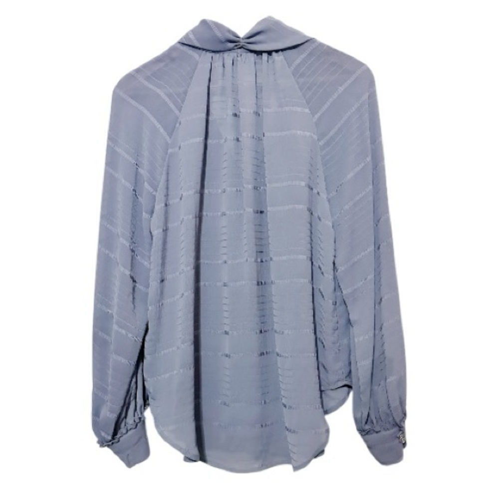 Anthropologie Feather Bone Blue Ruffle Mock Neck Sheer Stripe Button Blouse M - Picture 4 of 7